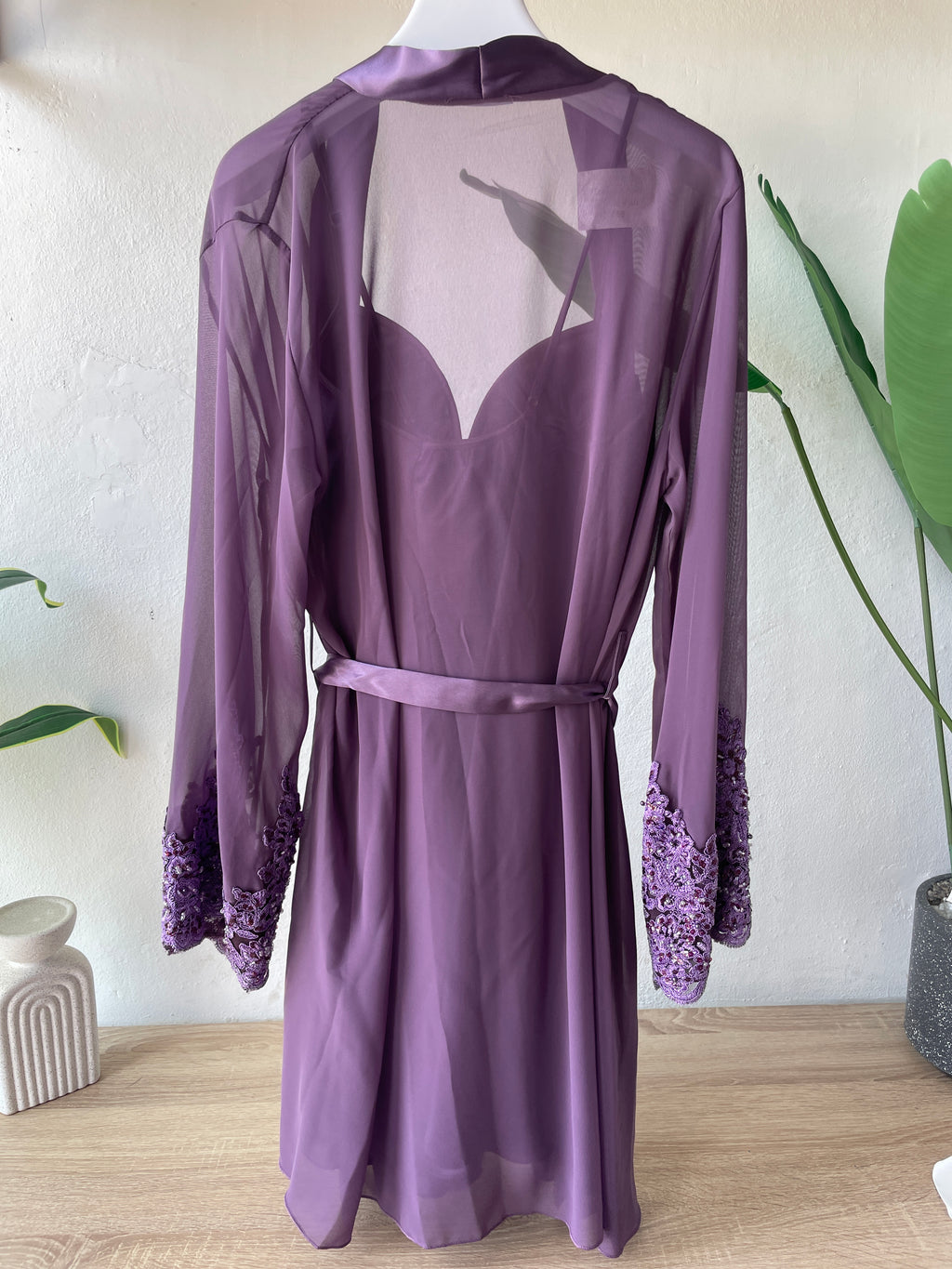 Short Bridal Luxurious Dress & Robe Set with Chest Satin design & Sleeves Embroidered Details S410