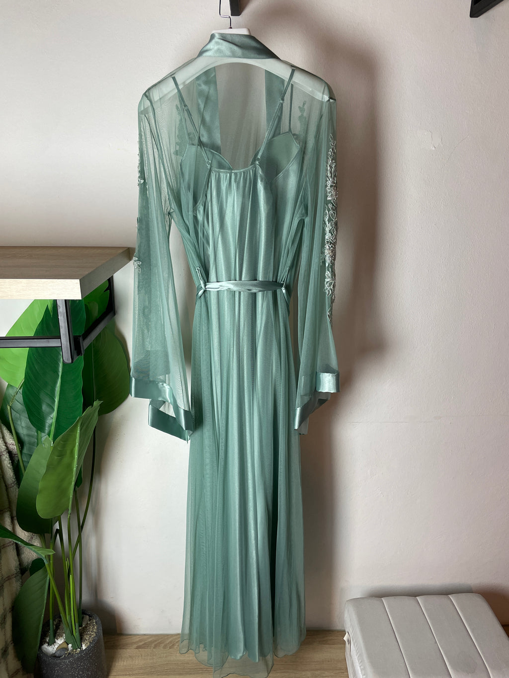 Luxurious Long Dress & Robe Set with Sleeve Delicate Embroidered & Satin Details S372