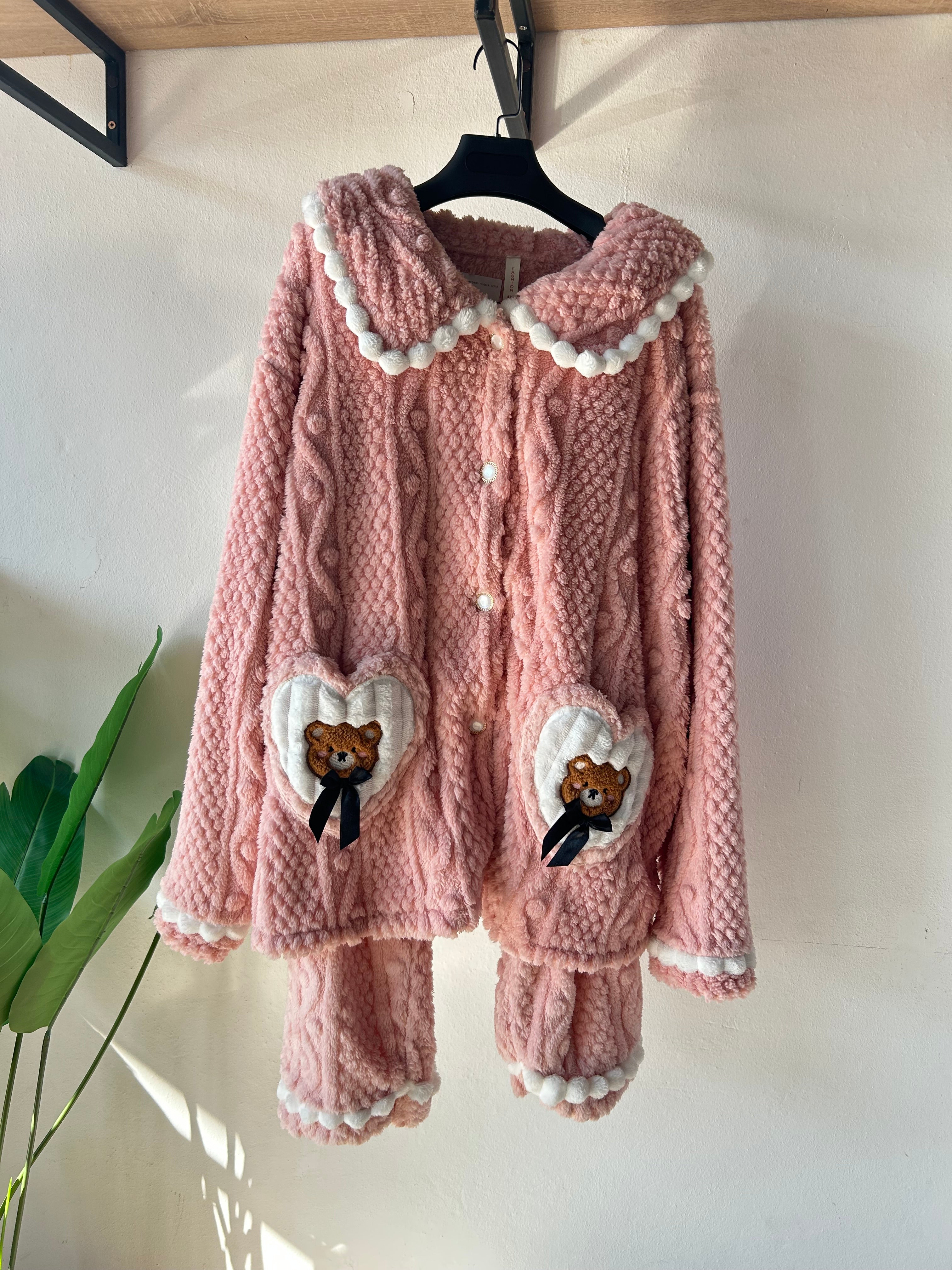 Elegant collar Pink with animal pocket bear/cat design Winter Thick Pajamas S360