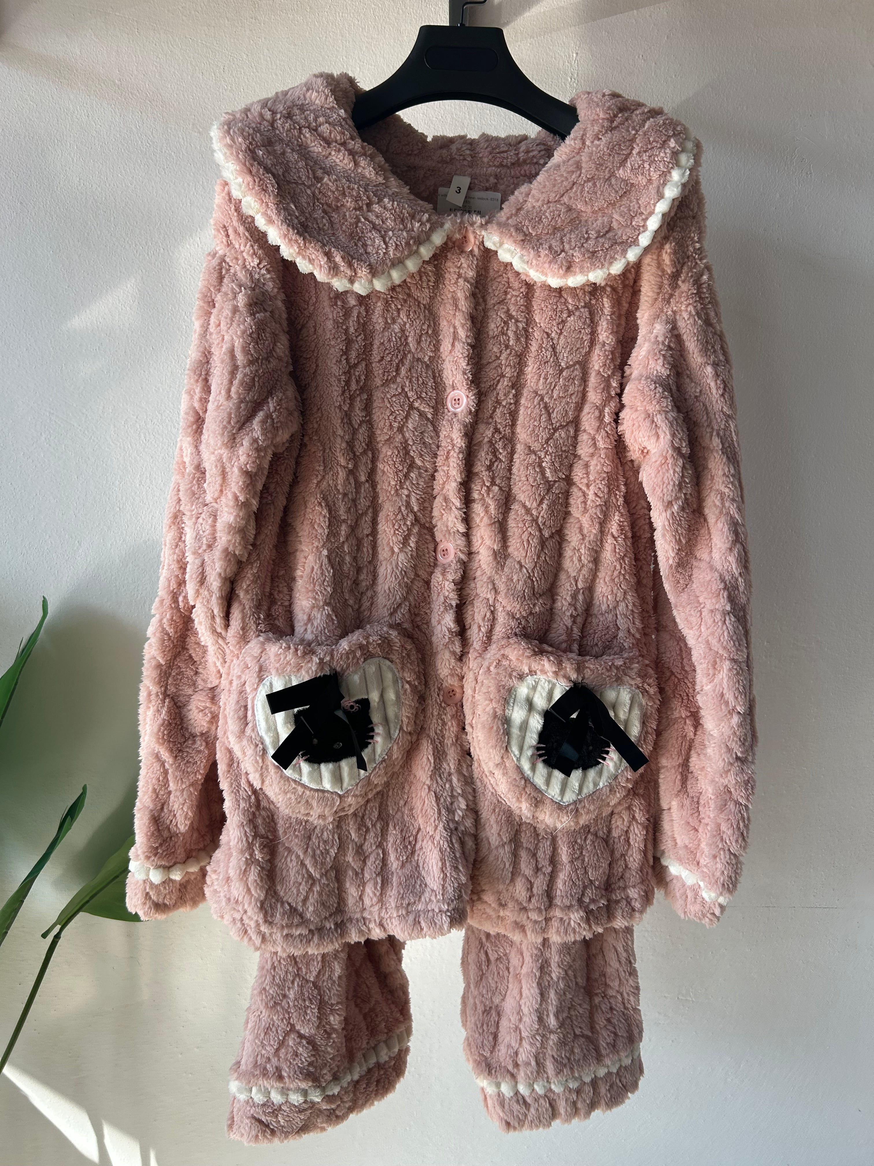 Elegant collar Pink with animal pocket bear/cat design Winter Thick Pajamas S360