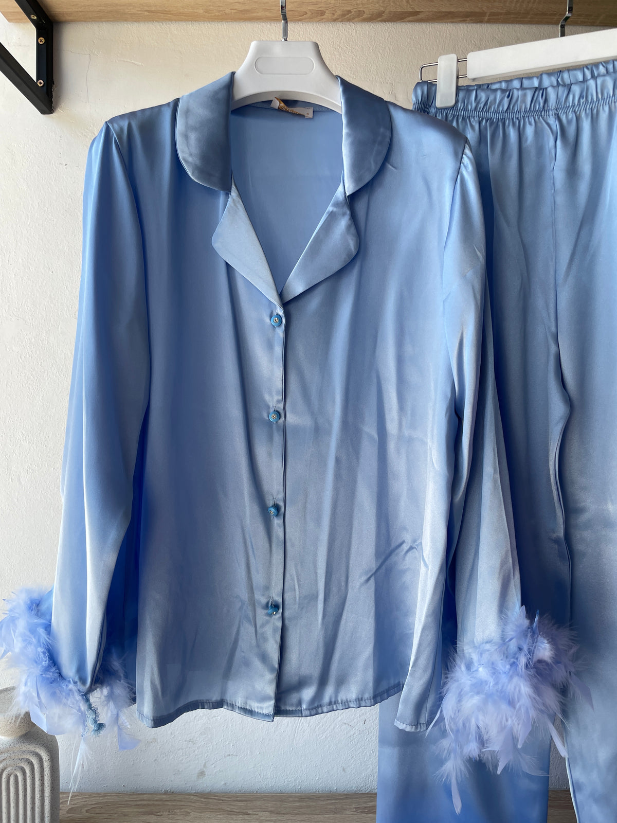 Faux Fur Satin PJ with strass  button