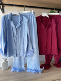 Faux Fur Satin PJ with strass  button