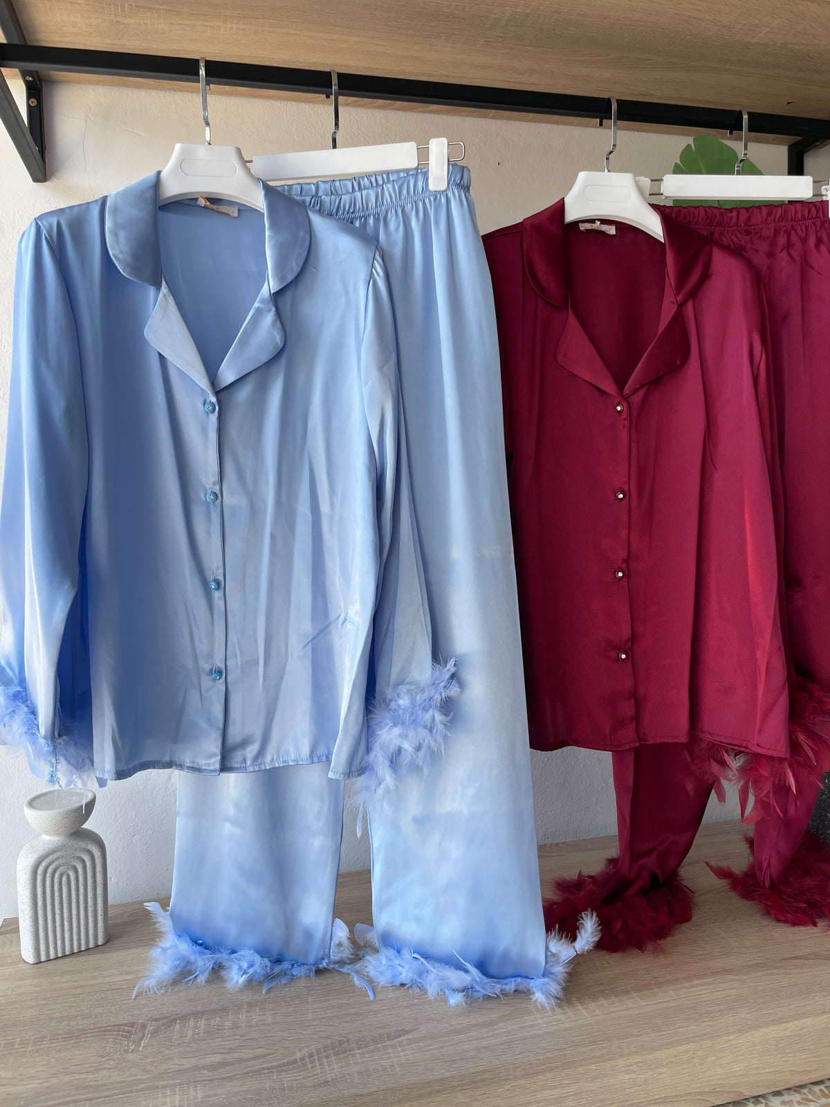 Faux Fur Satin PJ with strass  button