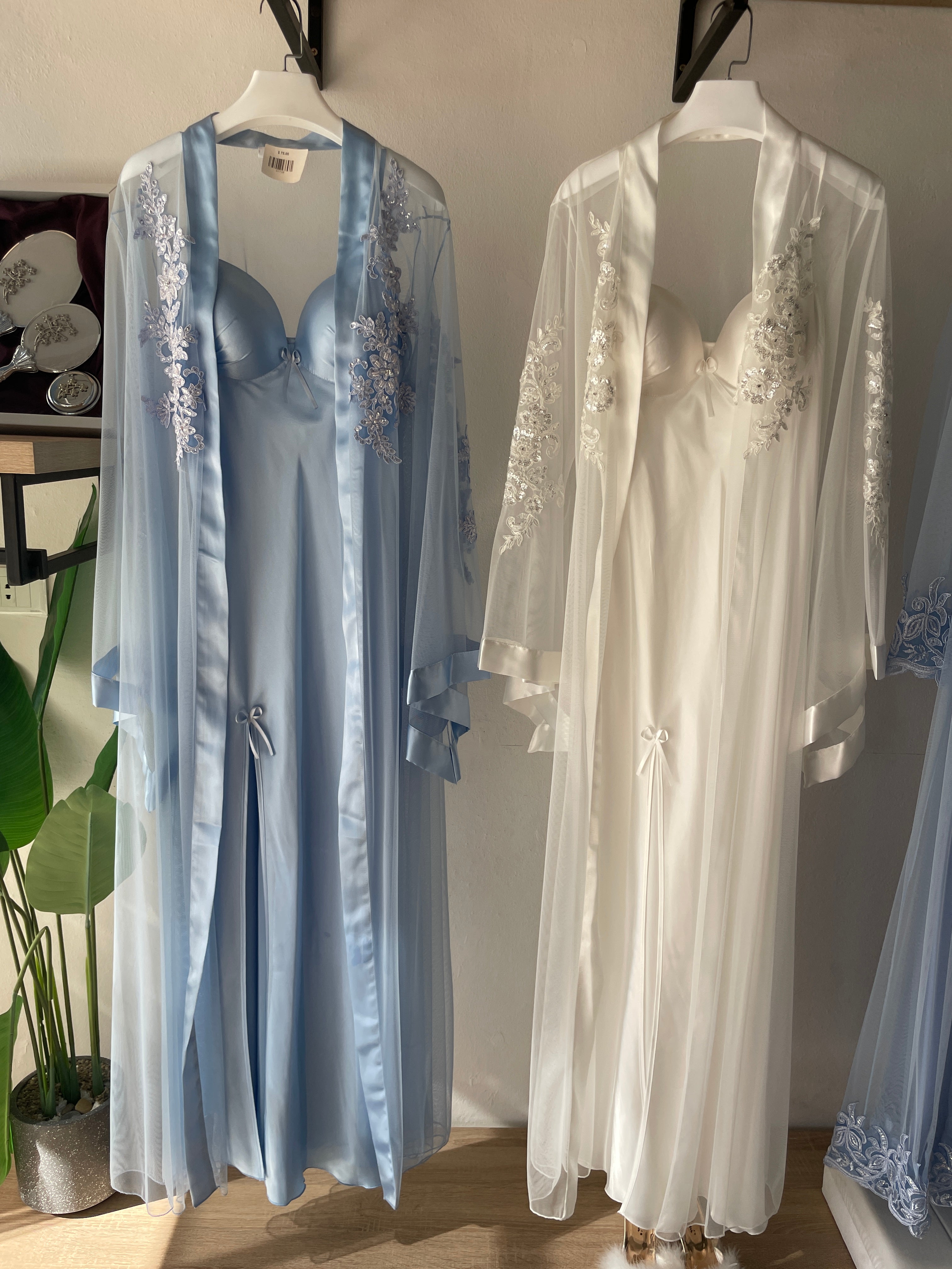 Luxurious Long Dress & Robe Set with Sleeve Delicate Embroidered & Satin Details S372