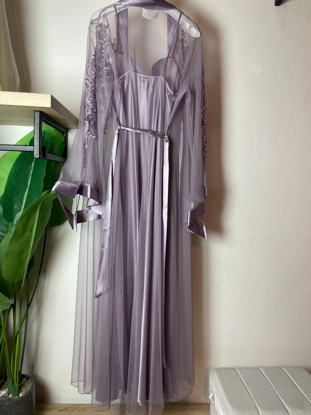 Luxurious Long Dress & Robe Set with Sleeve Delicate Embroidered & Satin Details S372