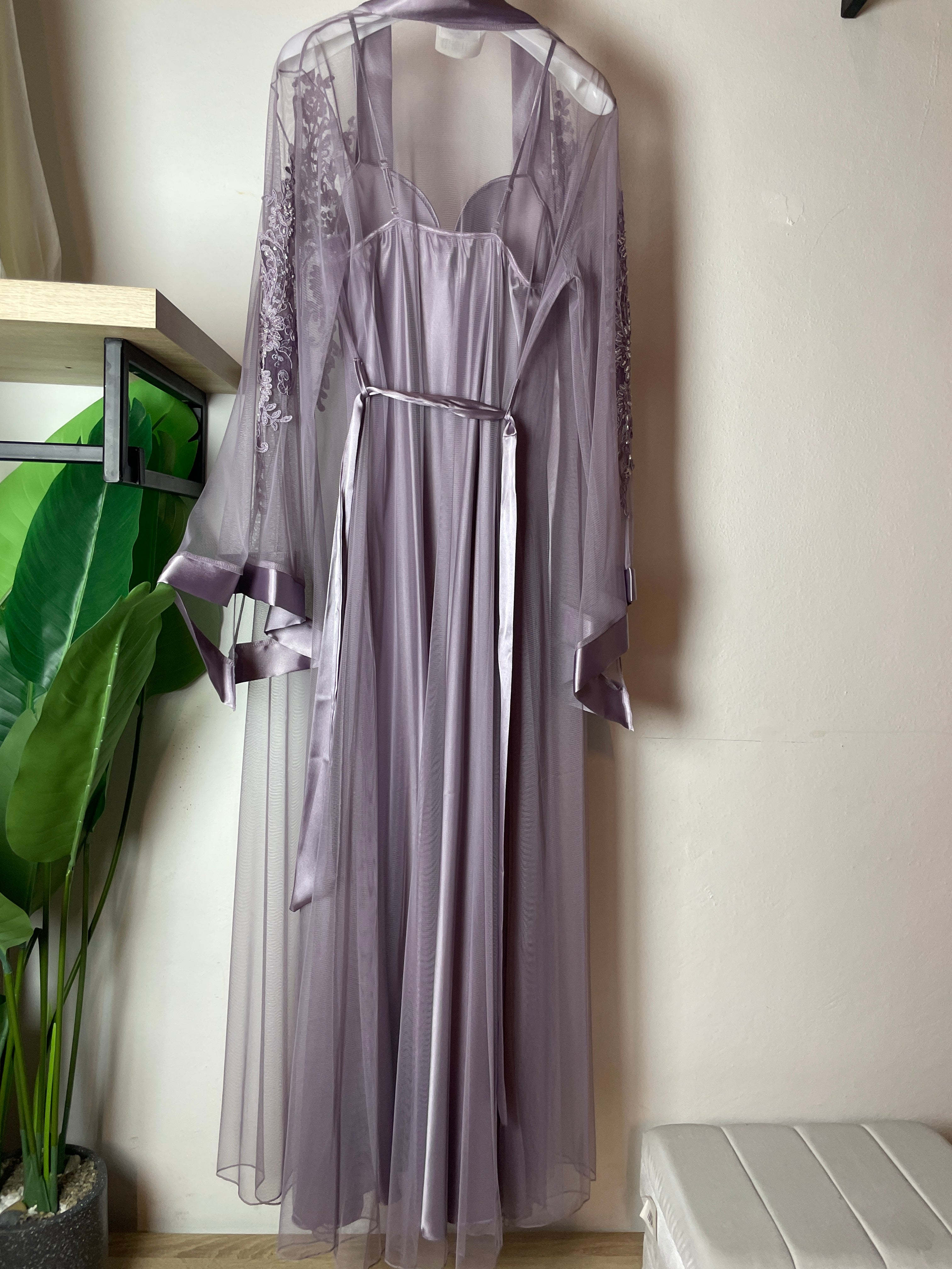 Luxurious Long Dress & Robe Set with Sleeve Delicate Embroidered & Satin Details S372