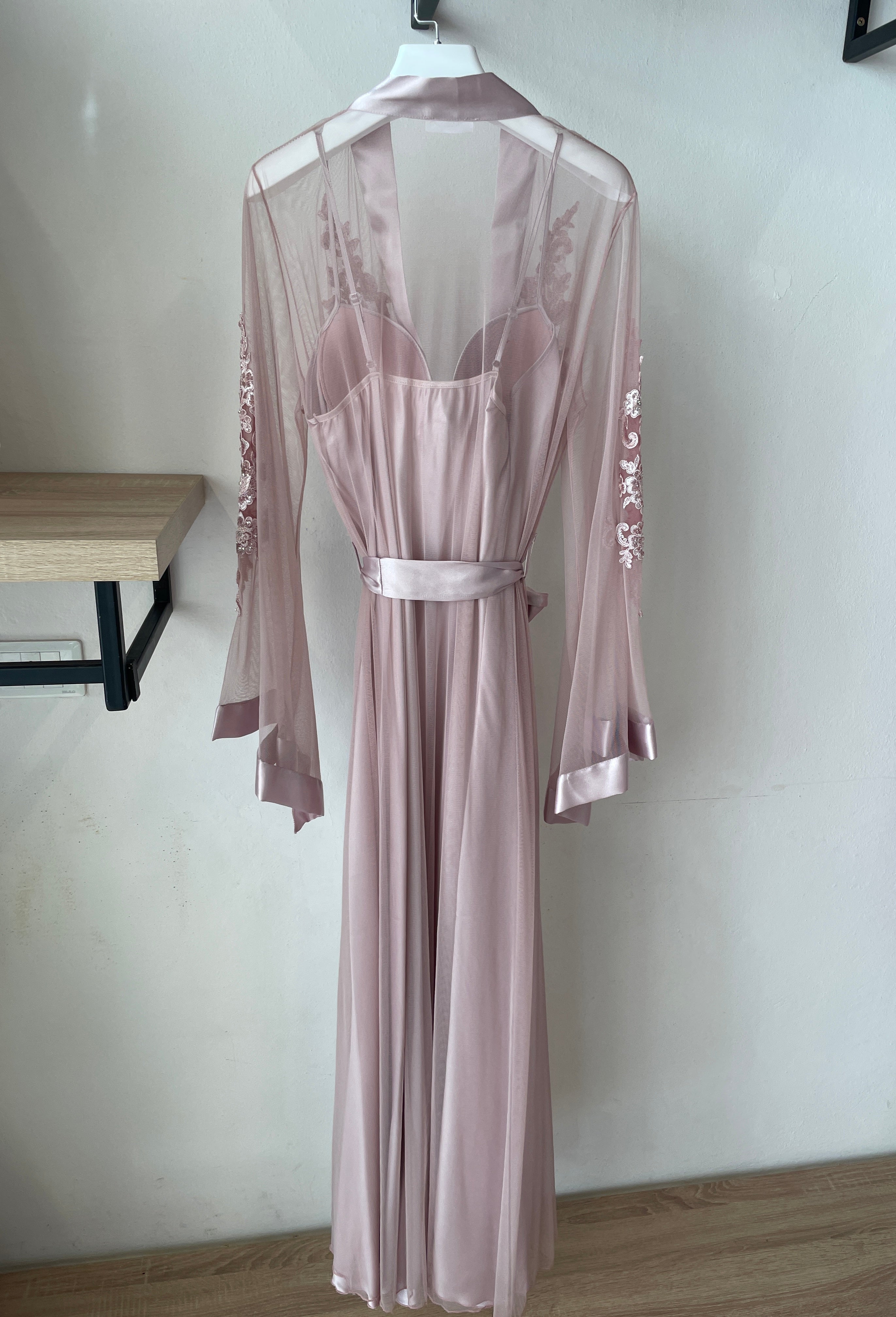 Luxurious Long Dress & Robe Set with Sleeve Delicate Embroidered & Satin Details S372