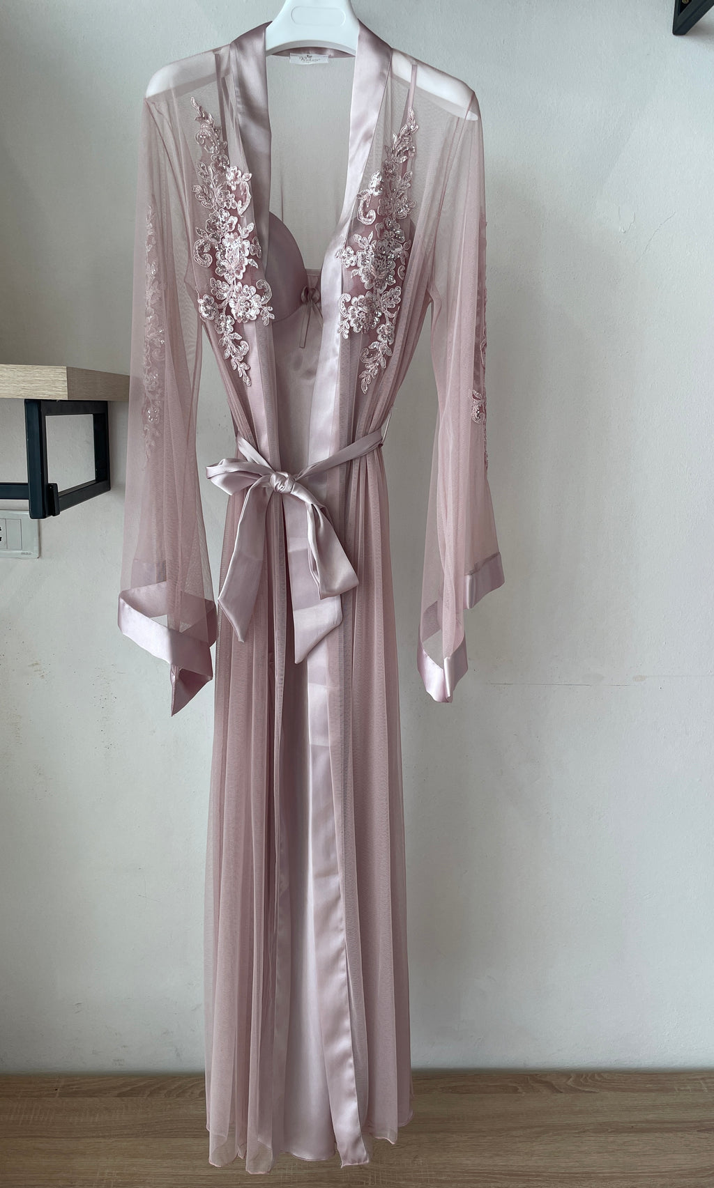 Luxurious Long Dress & Robe Set with Sleeve Delicate Embroidered & Satin Details S372