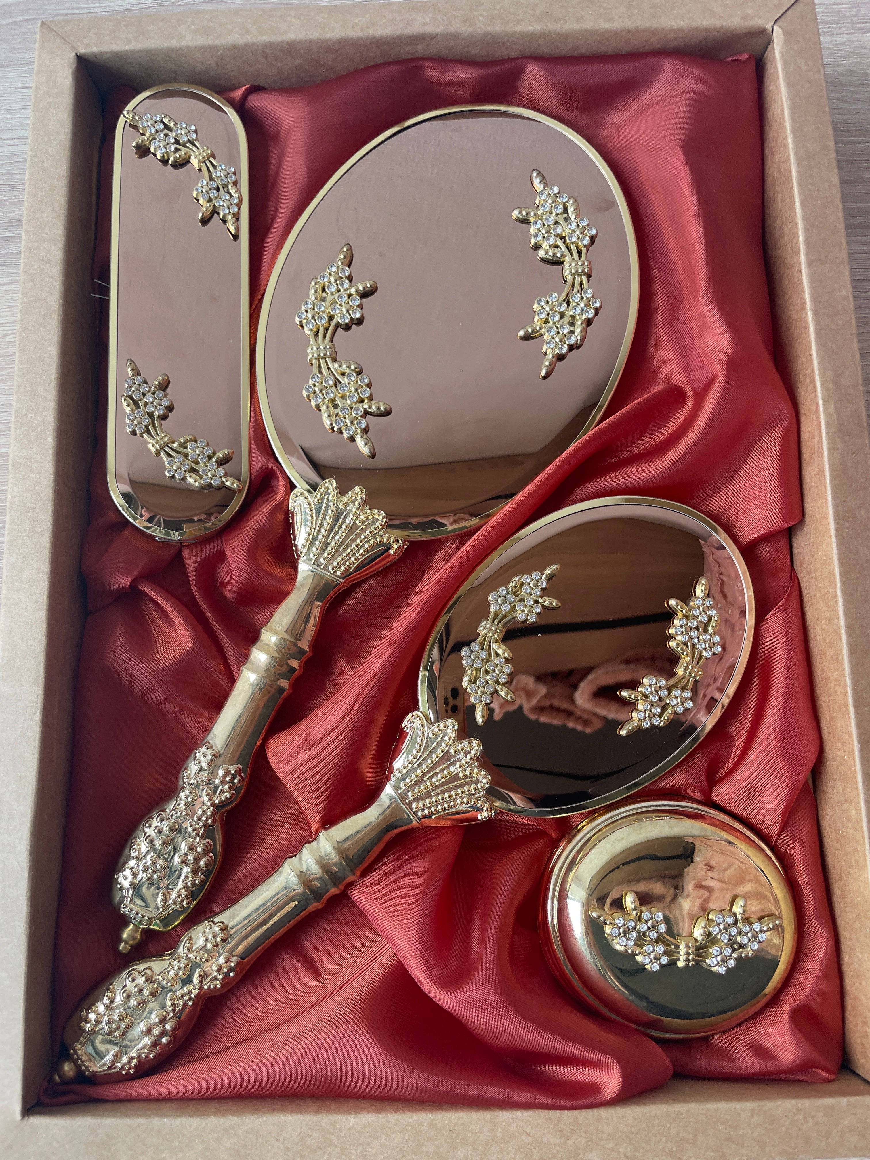 Royal Vanity Mirror Set Golden Reflection  2 separate leaves design