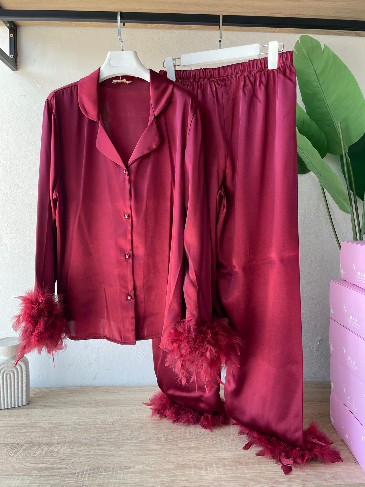 Faux Fur Satin PJ with strass  button