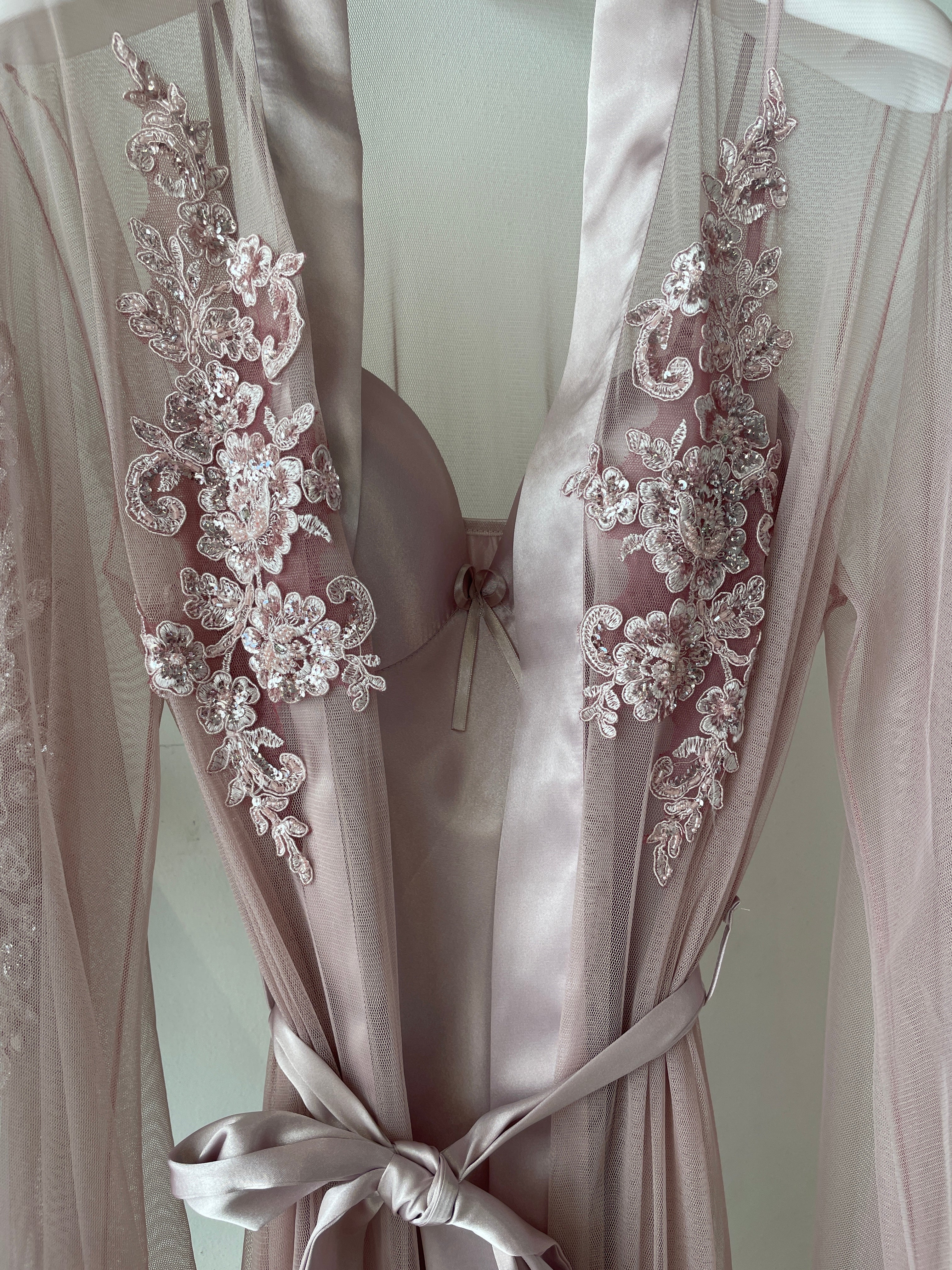 Luxurious Long Dress & Robe Set with Sleeve Delicate Embroidered & Satin Details S372