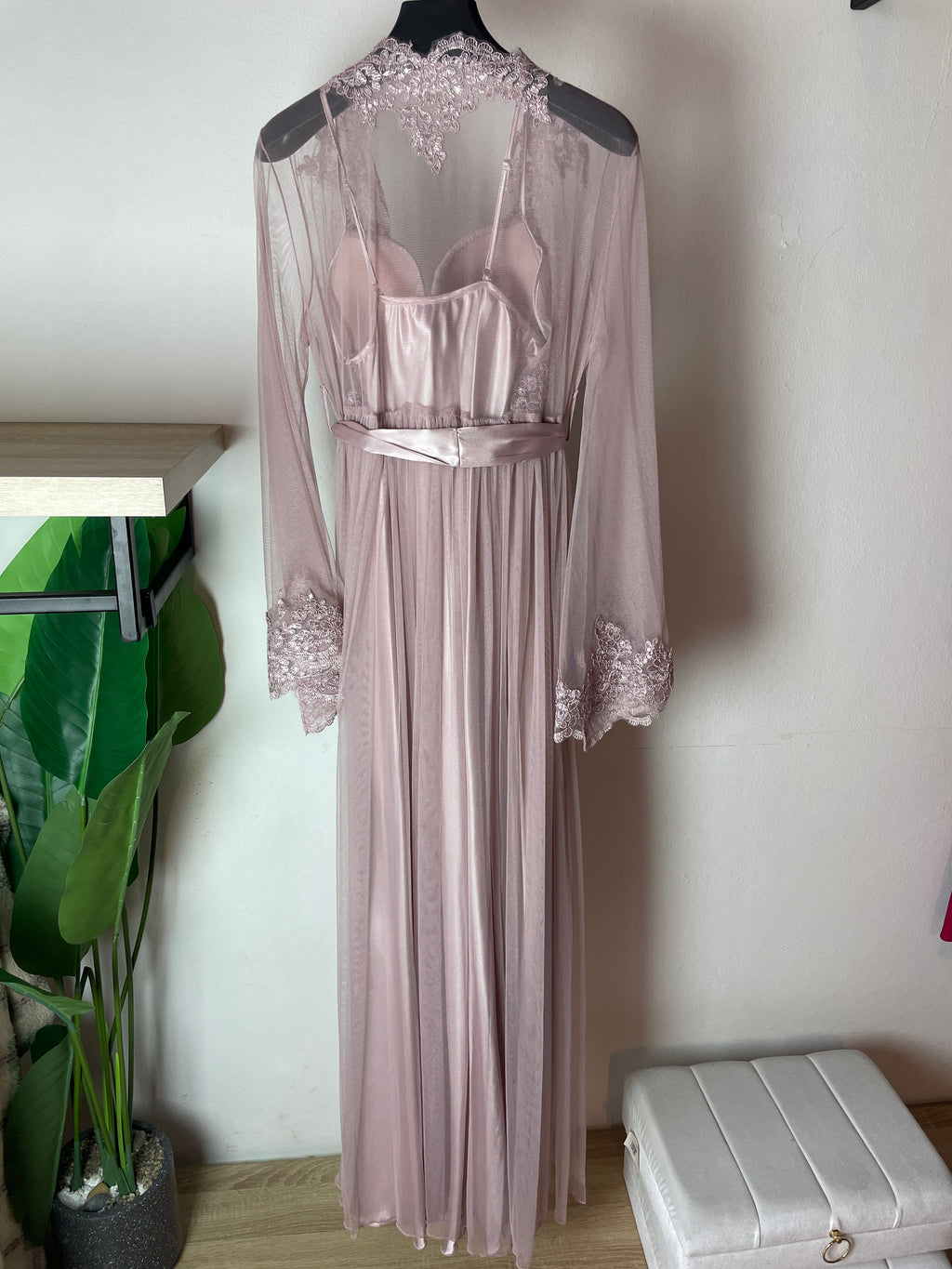 Pink Dress & Robe Set with Delicate Embroidered Details S525