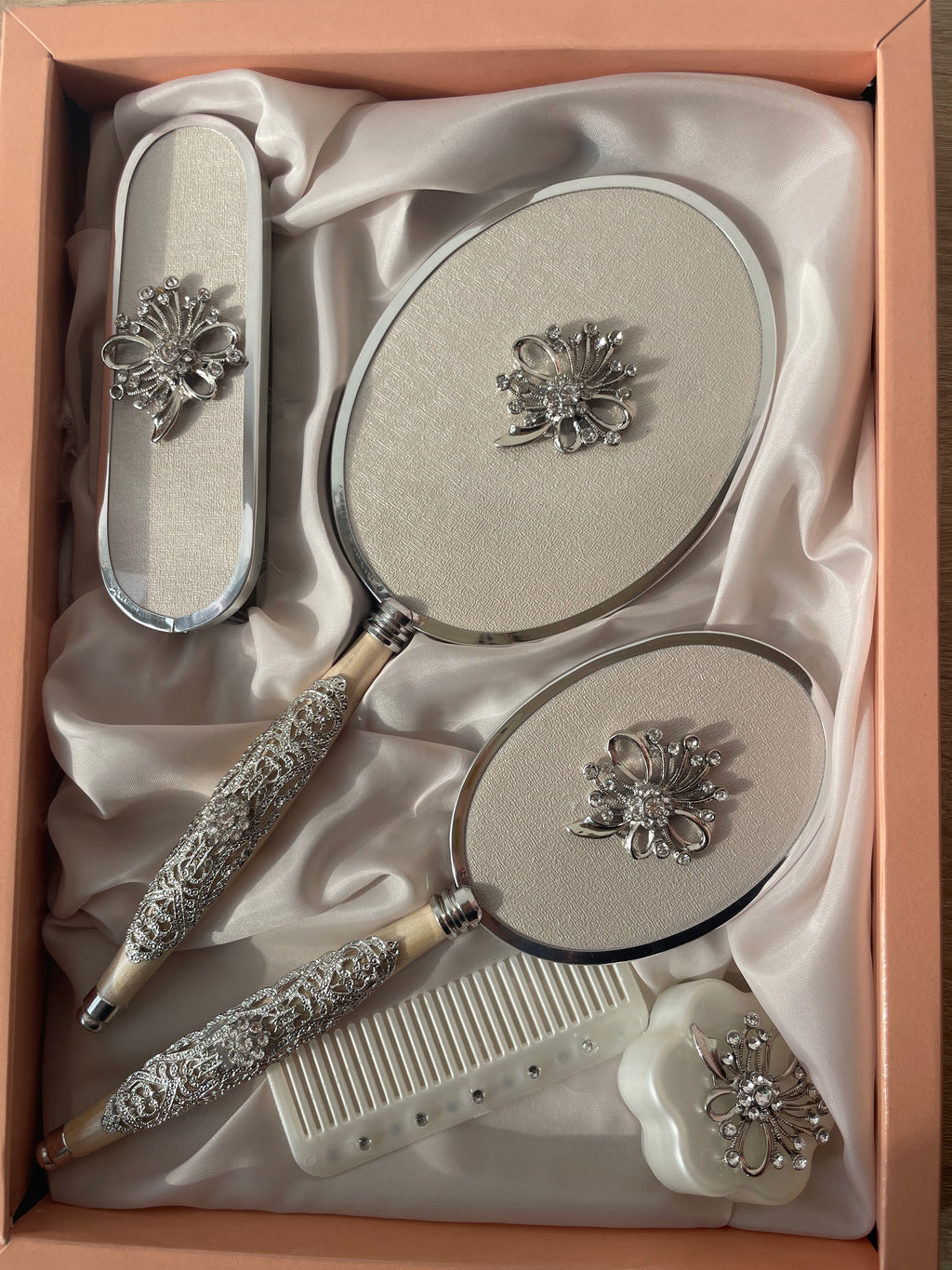 Royal Vanity Mirror Set Strass Flower Gul