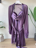 Short Bridal Luxurious Dress & Robe Set with Chest Satin design & Sleeves Embroidered Details S410