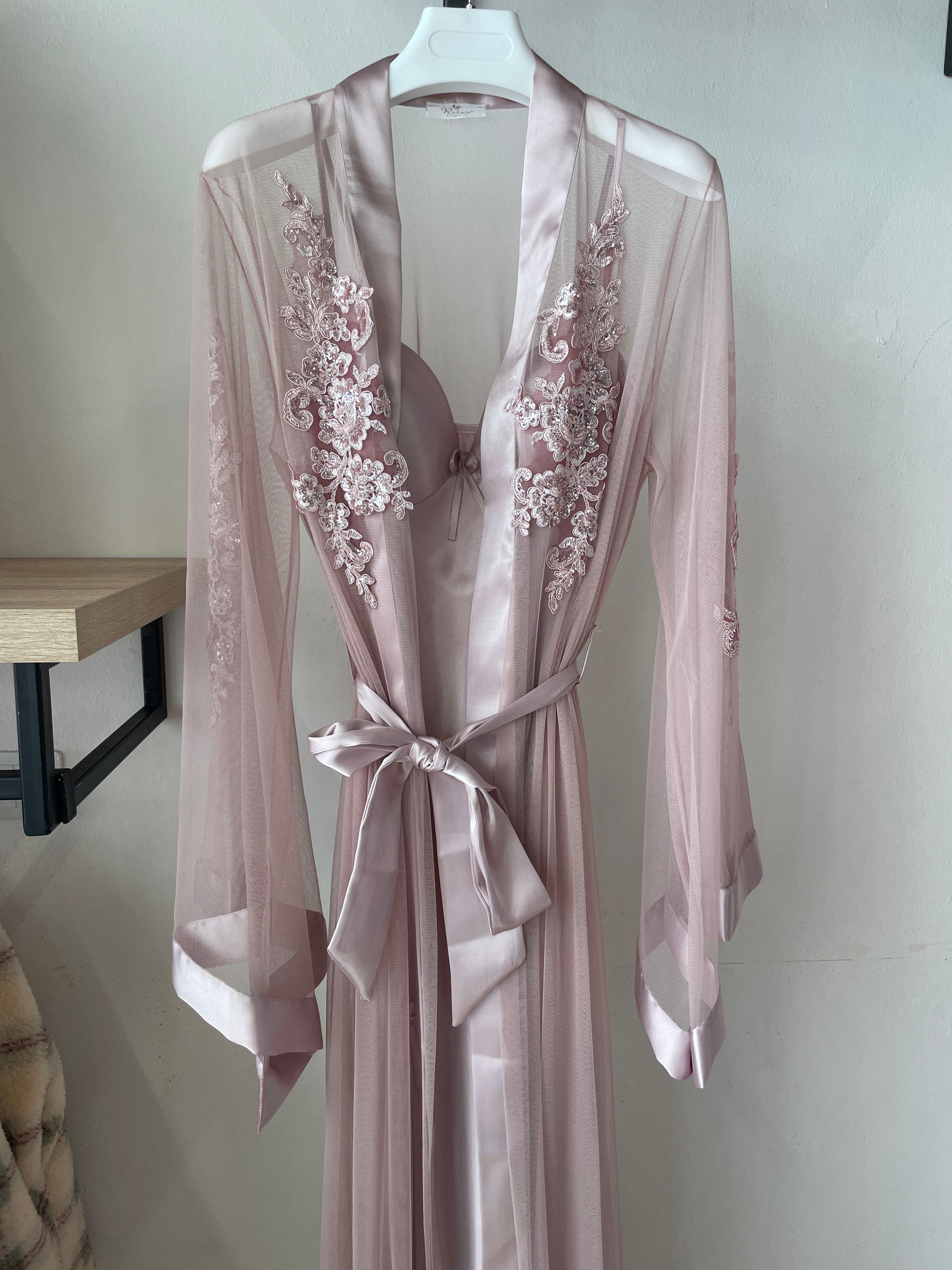 Luxurious Long Dress & Robe Set with Sleeve Delicate Embroidered & Satin Details S372