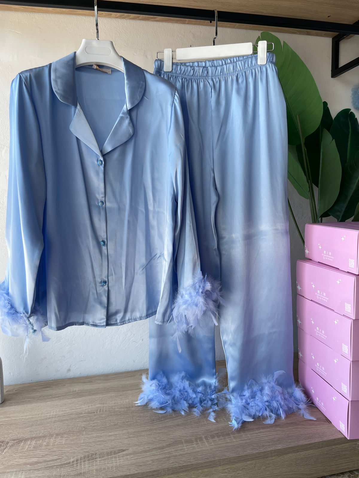 Faux Fur Satin PJ with strass  button