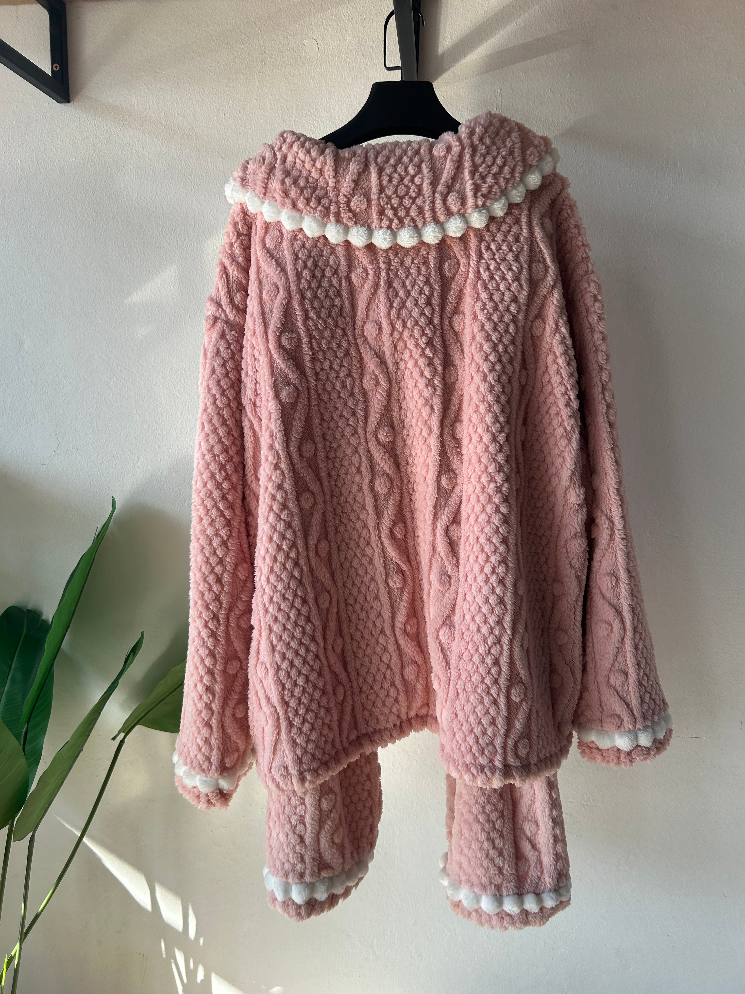 Elegant collar Pink with animal pocket bear/cat design Winter Thick Pajamas S360