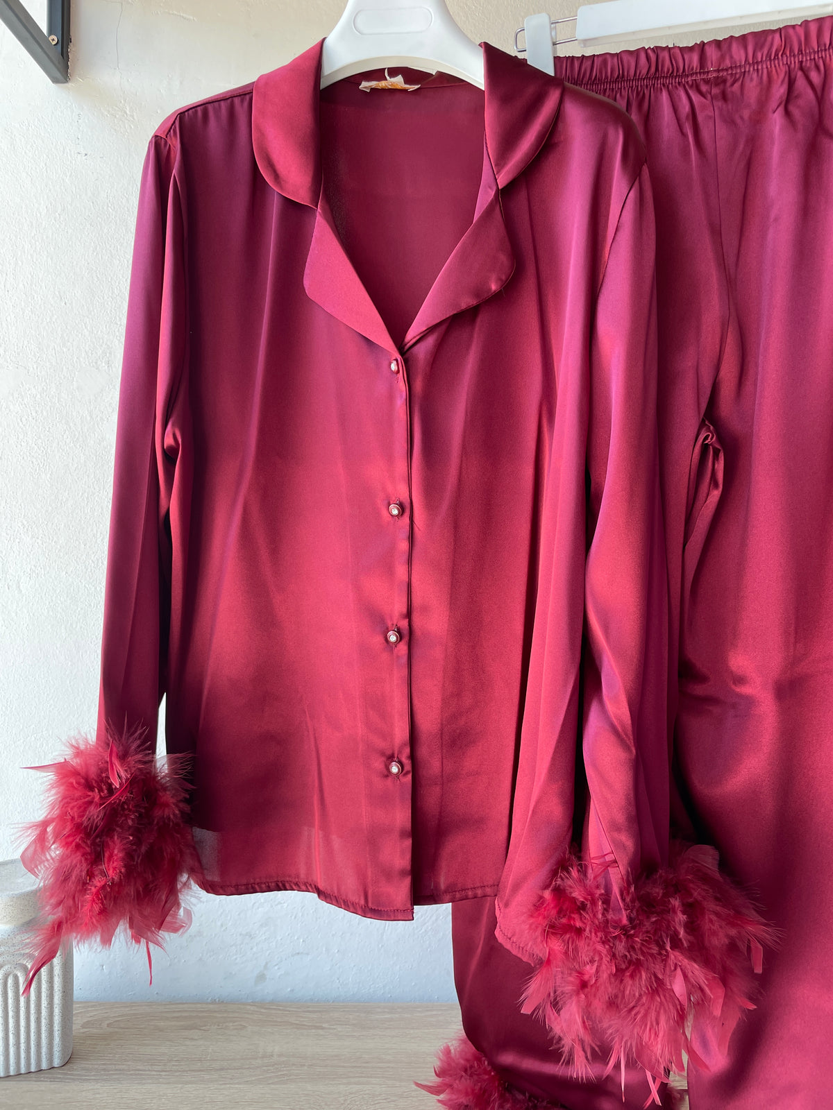 Faux Fur Satin PJ with strass  button