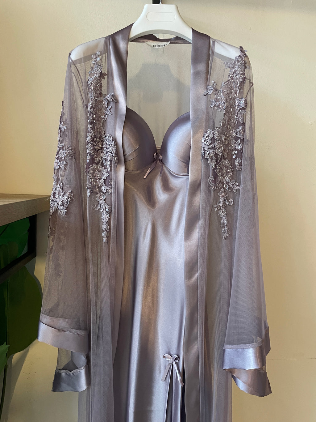 Luxurious Long Dress & Robe Set with Sleeve Delicate Embroidered & Satin Details S372