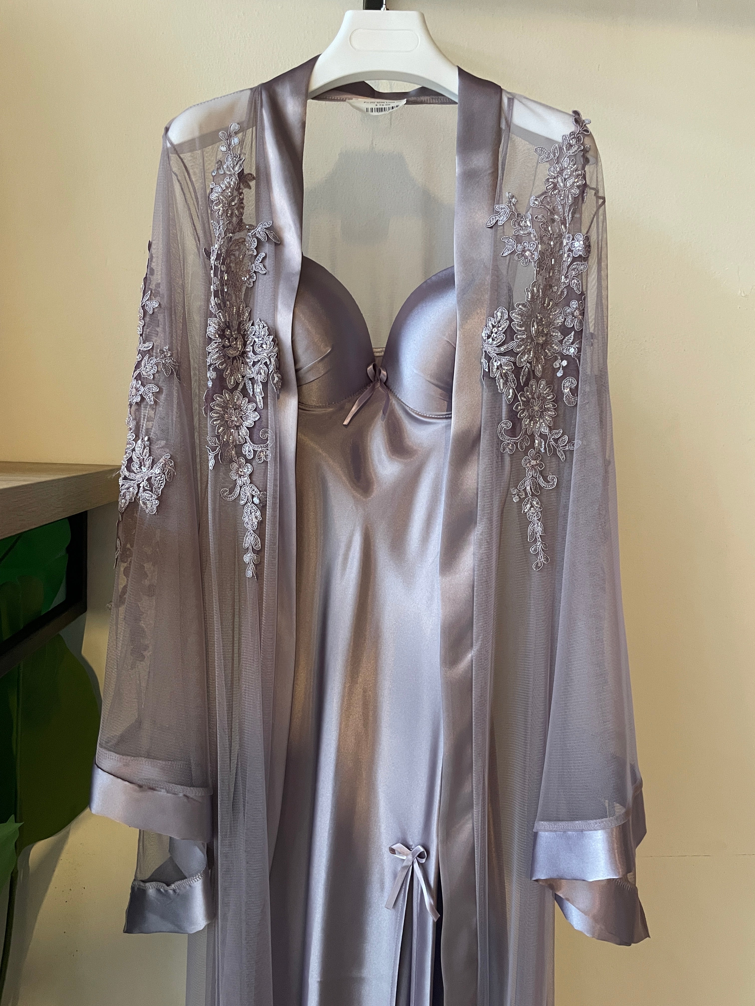 Luxurious Long Dress & Robe Set with Sleeve Delicate Embroidered & Satin Details S372