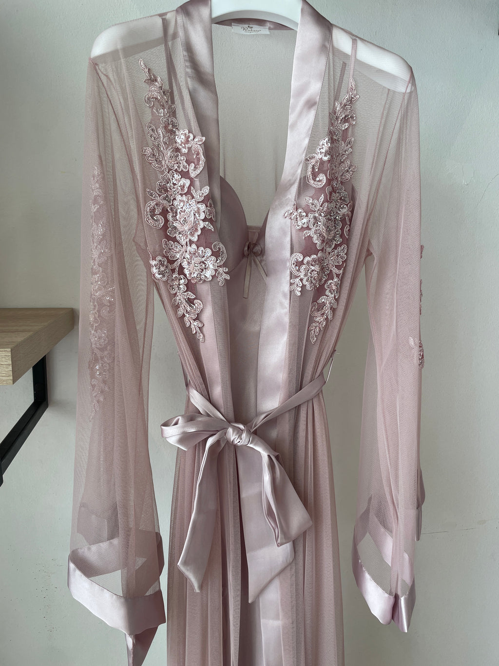 Luxurious Long Dress & Robe Set with Sleeve Delicate Embroidered & Satin Details S372