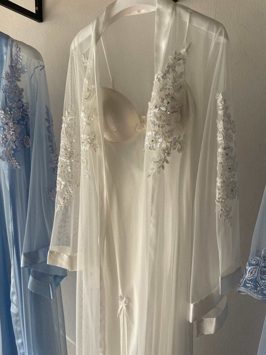 Luxurious Long Dress & Robe Set with Sleeve Delicate Embroidered & Satin Details S372