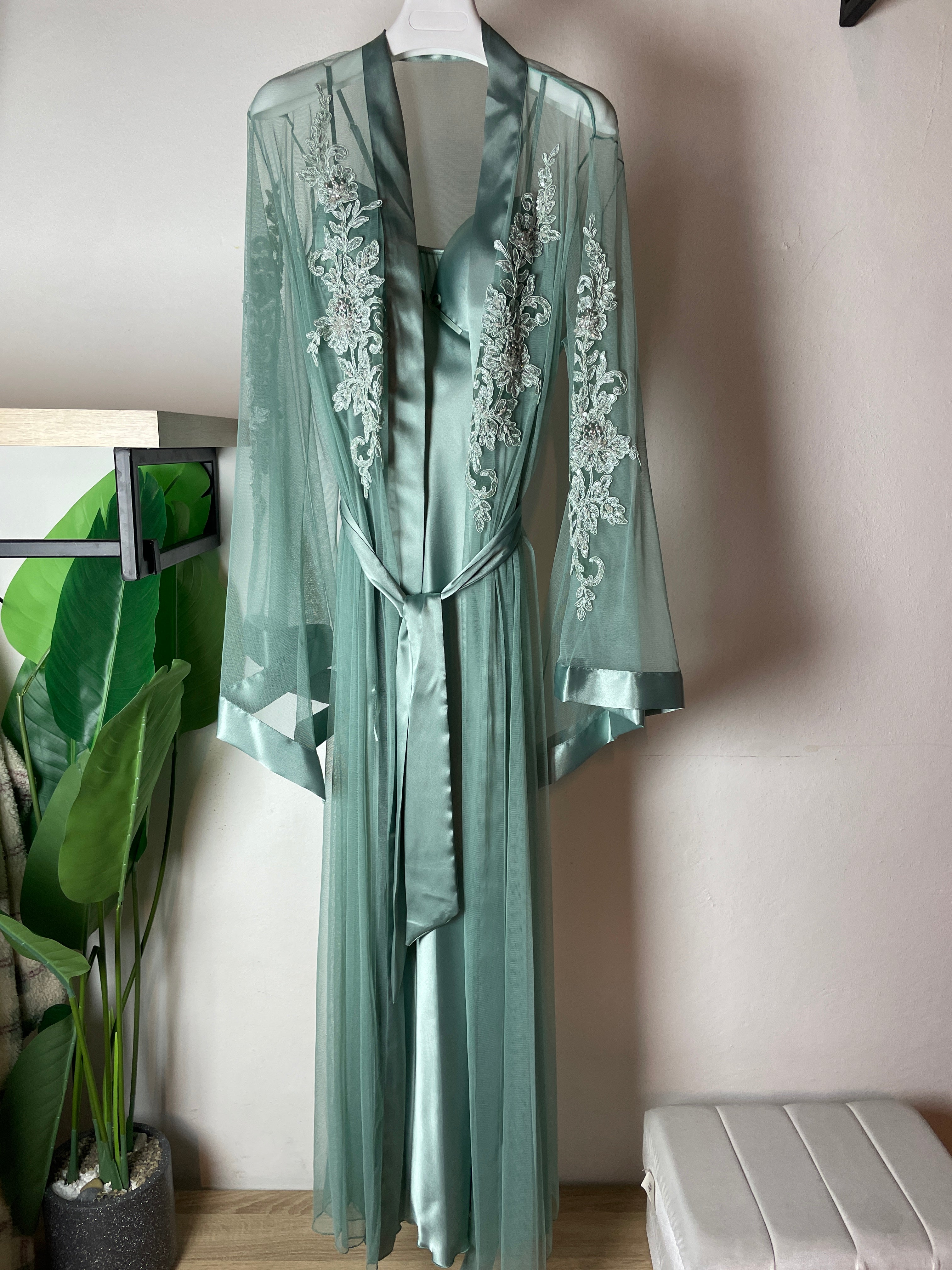 Luxurious Long Dress & Robe Set with Sleeve Delicate Embroidered & Satin Details S372