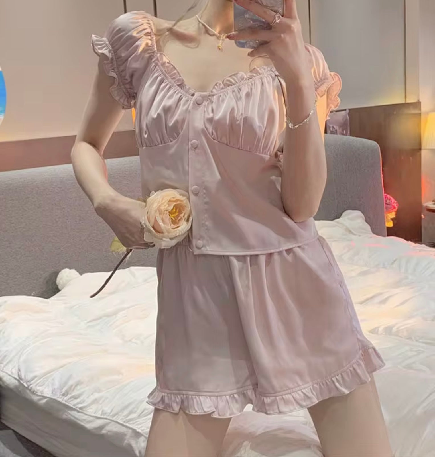 Vintage Ruffle Satin Set