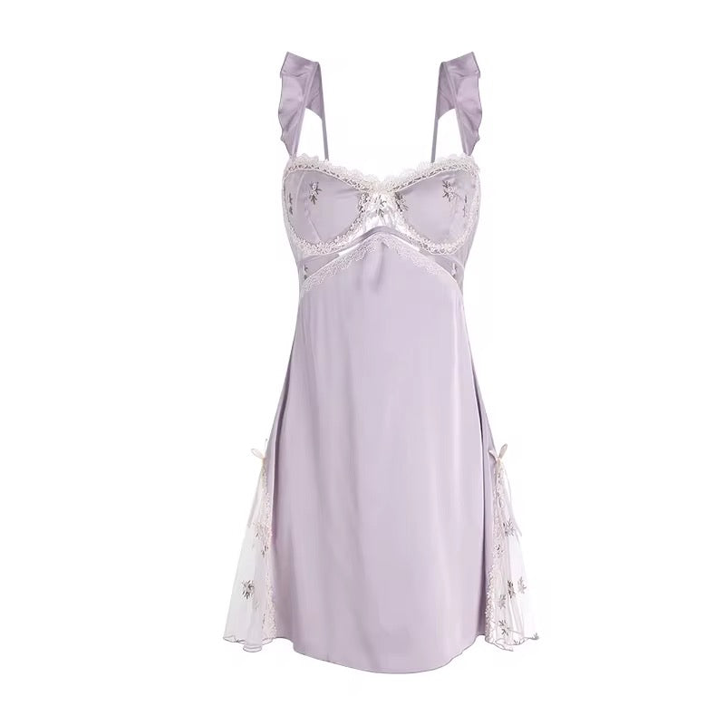 Embroidered Ruffle shoulder satin Night Dress