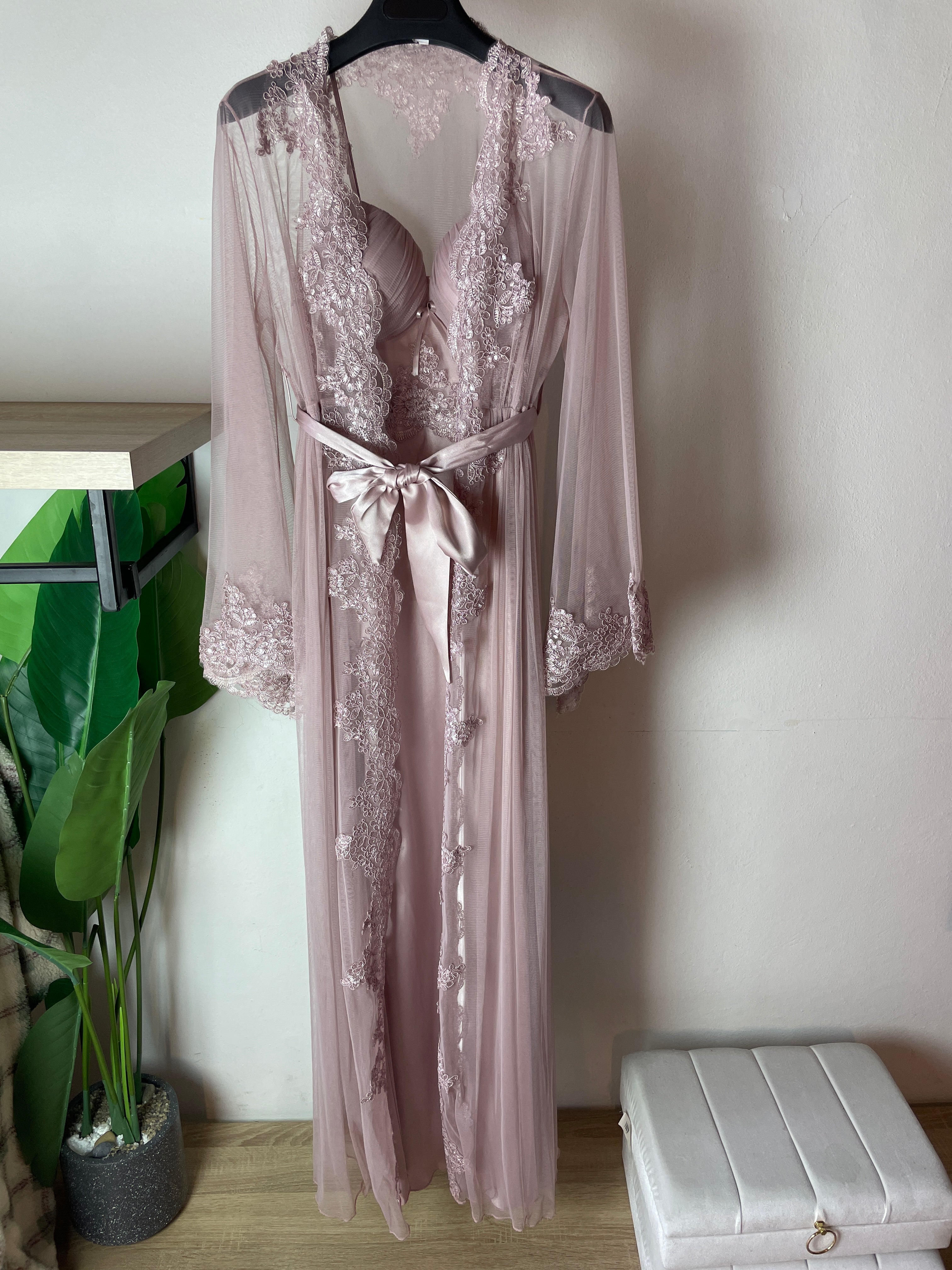 Pink Dress & Robe Set with Delicate Embroidered Details S525