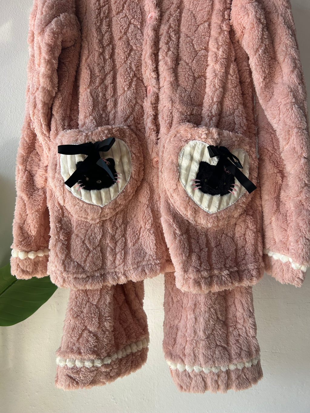 Elegant collar Pink with animal pocket bear/cat design Winter Thick Pajamas S360