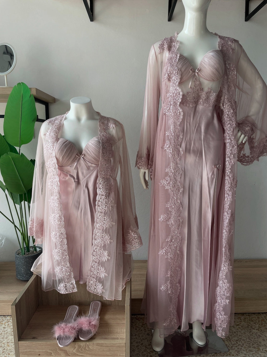 Pink Dress & Robe Set with Delicate Embroidered Details S525