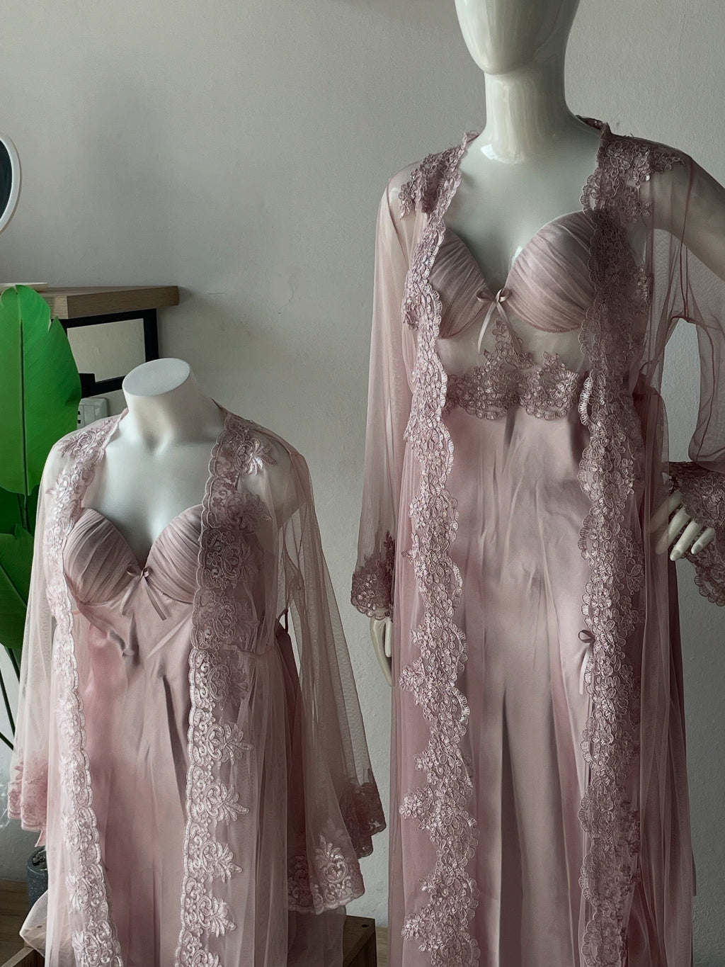 Pink Dress & Robe Set with Delicate Embroidered Details S525